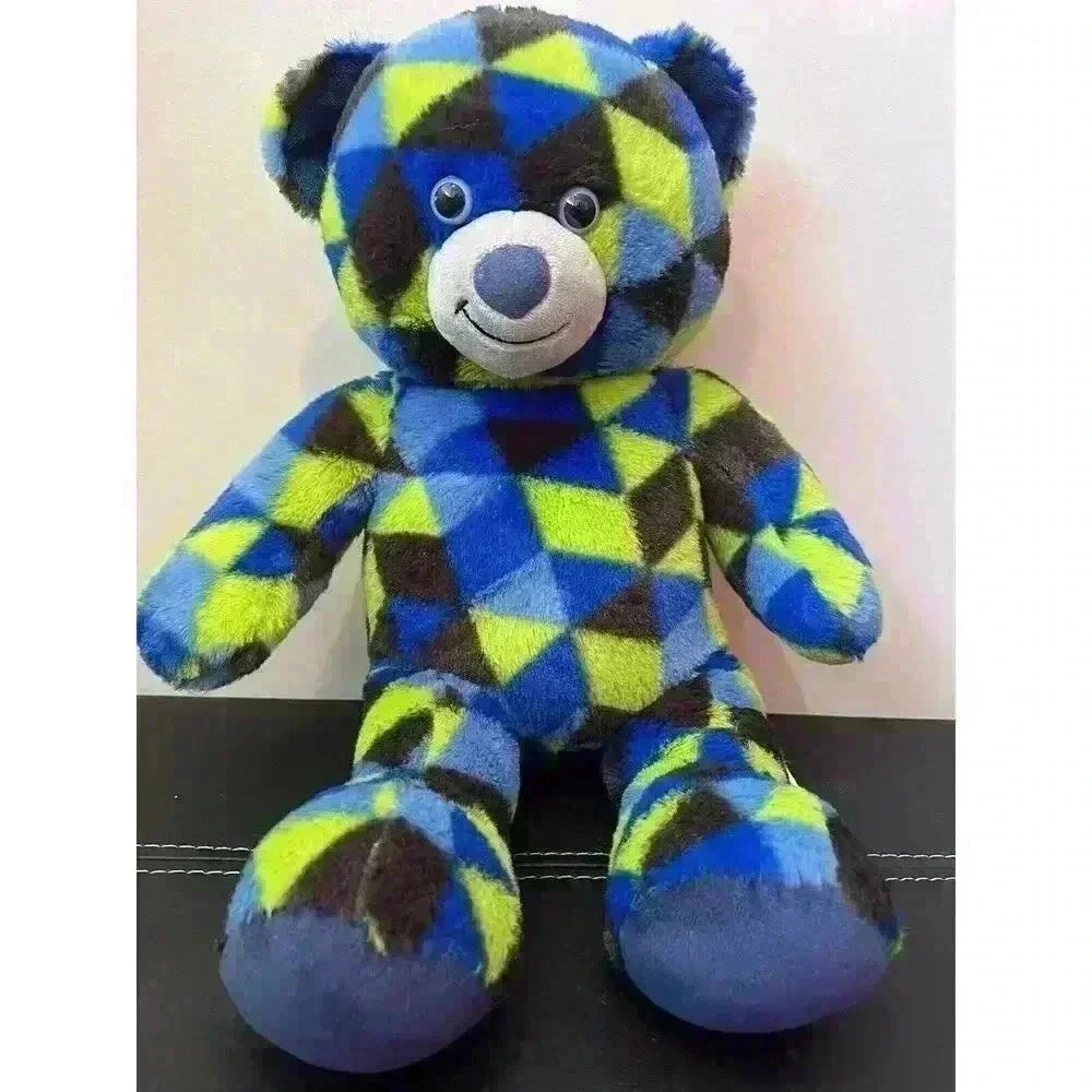 Build A Bear Green Blue Black Checkered GAMER Bear Plush 18" Geometric BAB